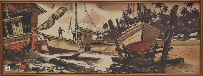 Paul Blaine Henrie (American 1932-1999) Vintage Watercolor, Caribbean Boat Yard-  Nassau Bahamas, 15
