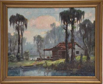 Knute Heldner (New Orleans 1877-1952) oil on canvas, Bayou Landscape- Swamp House, 16 x 20 inches