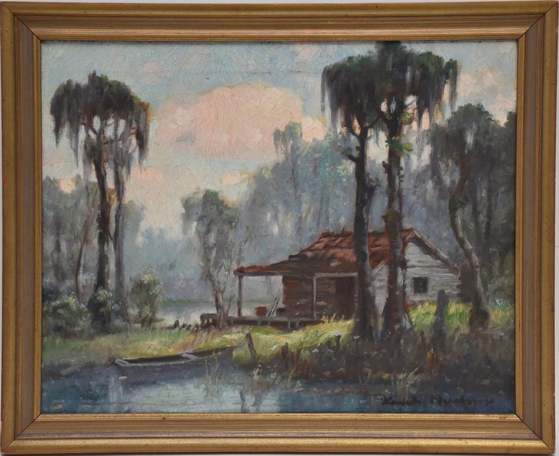 Knute Heldner (New Orleans 1877-1952) oil on canvas, Bayou Landscape- Swamp House, 16 x 20 inches (1 of 5)