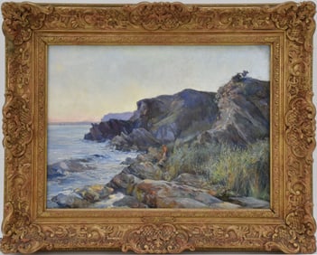 Victor J. Robertson (UK.1892-1909), Oil on Canvas, H 12 x , W 16 inches.  Figures on a rocky shore.