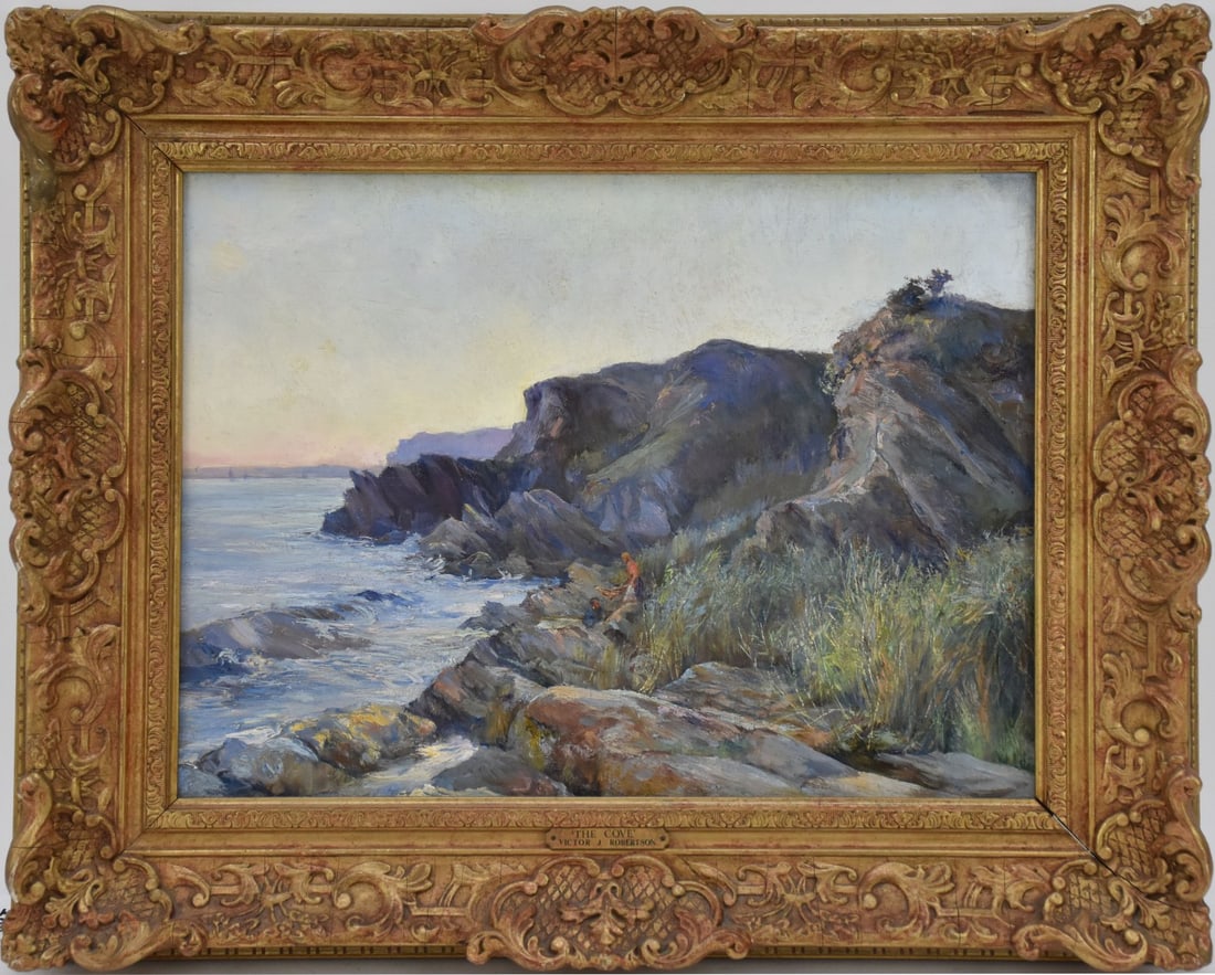 Victor J. Robertson (UK.1892-1909), Oil on Canvas, H 12 x , W 16 inches.  Figures on a rocky shore. (1 of 8)