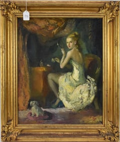 Attilio Toro (Italian, 1892-1982) oil on canvas, girl with dog-  20 x 16“. Overall frame size 25