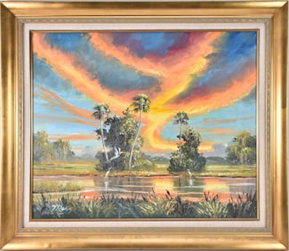 MARK MAZZARELLA FLORIDA LANDSCAPES OIL ON CANVAS, highwaymen style, "Firesky,  signed and dated