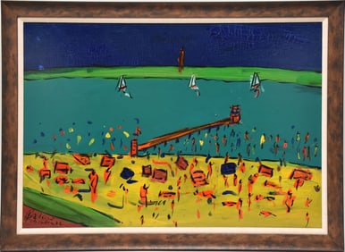 Peter Keil, "Summer Day Cony Island", oil on canvas, beach scene, little bit of craquelure in the