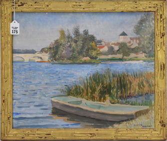 WILLIAM MCGREGOR PAXTON (American, 1869-1941) View of Trilport, France, Oil on panel, 15 x 18 inches