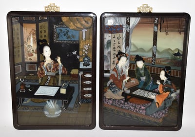 Pair of Chinese reverse Paintings on glass. Interior scenes. 17-1/2 x 25-1/2 inches.   Rosewood