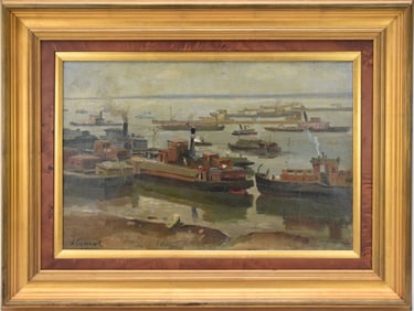 Aleksandr Gerasimov (1881-1963 Russian) oil on canvas, Ship / Harbor Scene. Signed lower left.