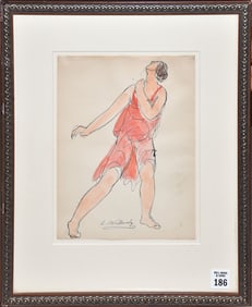 Abraham Walkowitz (American 1878-1965) Watercolor- Dancer Isadora Duncan, signed, 10-1/2 x 7-3/4