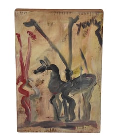 Purvis Young (AMERICAN, 1943–2010) outsider art, guy on horse, oil on old Miami Dade cypress wood