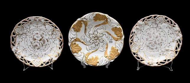 2 KPM Reticulated Porcelain Plates (10"dia) AND Meissen Porcelain Plate, Gilded Leaf & Scroll Design