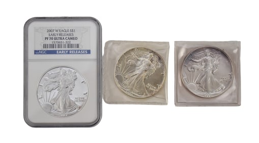 3 - 1 Oz Liberty Coins. 2007-W $1 One Ounce Proof Silver Eagle NGC PF 70 UC Early Releases. (1) 1986