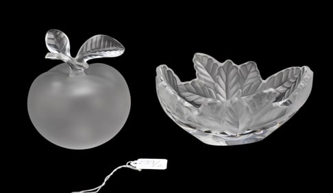 Lalique Crystal Bowl with Oak Leaf Design, "Compiegne" (6"h x 5"w) AND Lalique Crystal Apple Scent