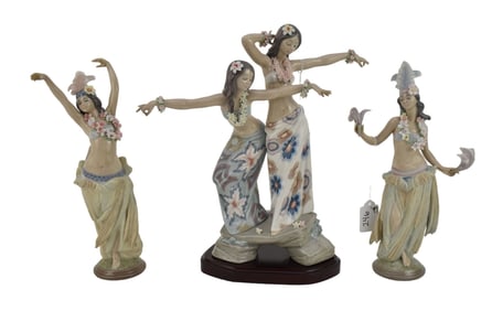 Lladro Porcelain Lot, 2 Girls Dancing on Pedestals and Bali Dancers Grouping