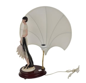 G. Armani  For Capodimonte Lamp, Figural Art Deco Gal with Feather Fan, Silk Shade in Form of