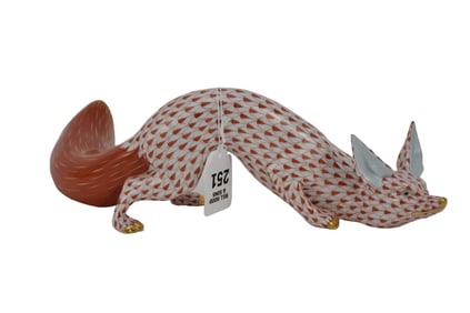 Herend Porcelain Fox, Red Fishnet, 4"H x 12"L