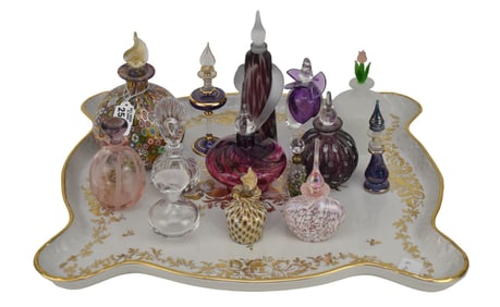 Haviland Porcelain Vanity Tray With 14 Asst. Colored & Sized Scent Bottles, 9"h tallest, 4"h