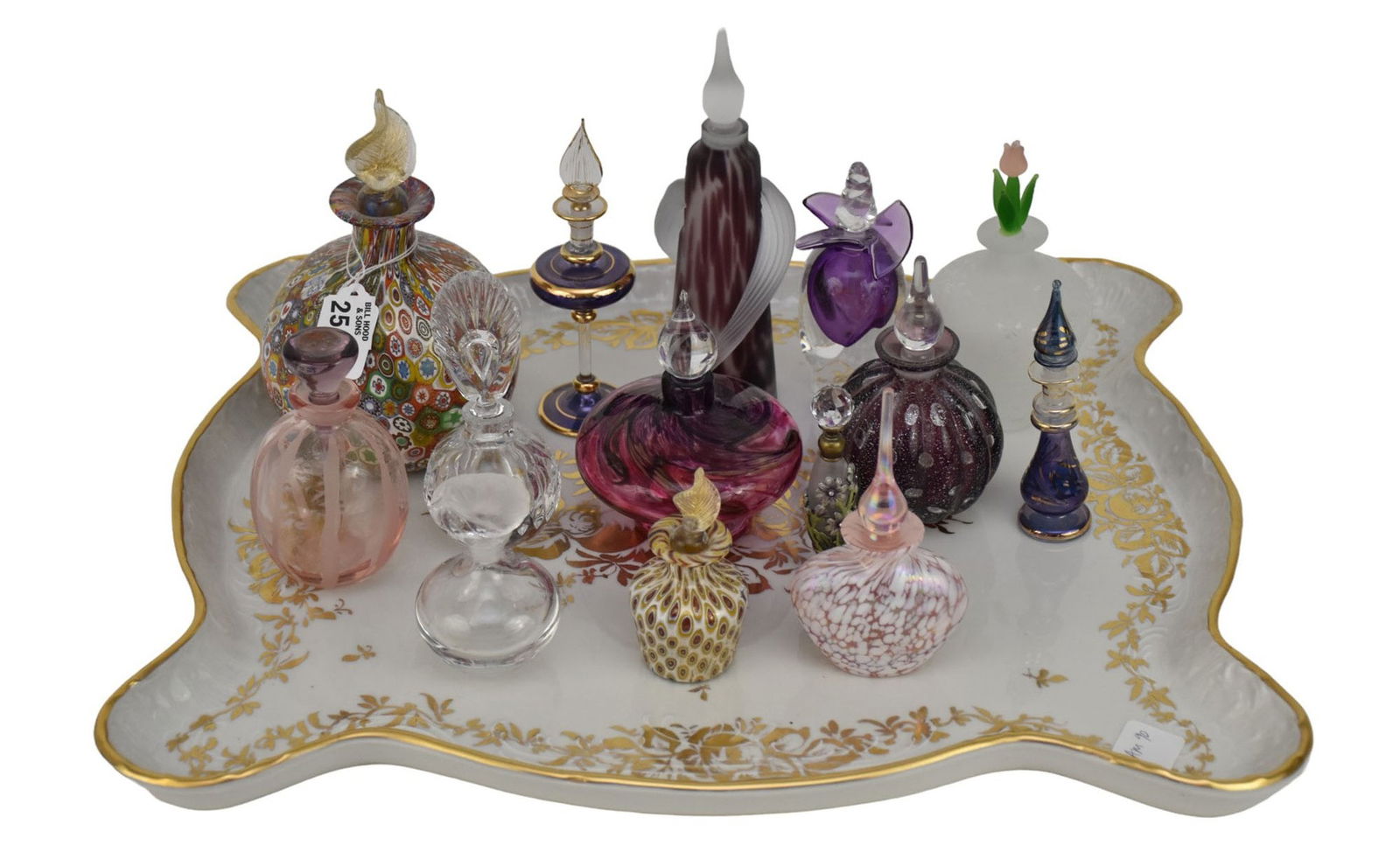 Haviland Porcelain Vanity Tray With 14 Asst. Colored & Sized Scent Bottles, 9"h tallest, 4"h (1 of 4)