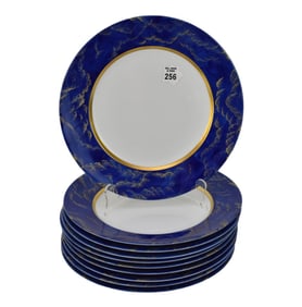 10 Limoges Porcelain Dinner Plates, Cobalt Border with Gold Accents, J. Signalles, 12"d