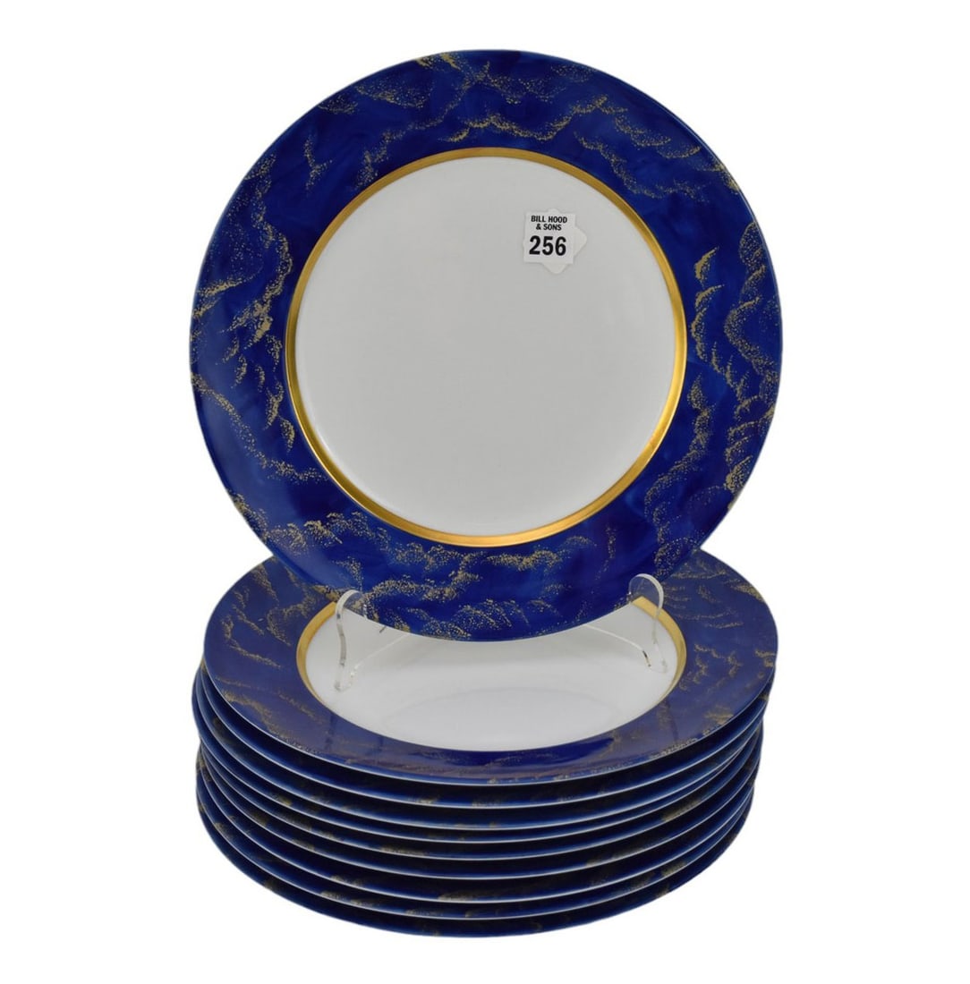 10 Limoges Porcelain Dinner Plates, Cobalt Border with Gold Accents, J. Signalles, 12"d: 10 Limoges Porcelain Dinner Plates, Cobalt Border with Gold Accents, J. Signalles, 12"d