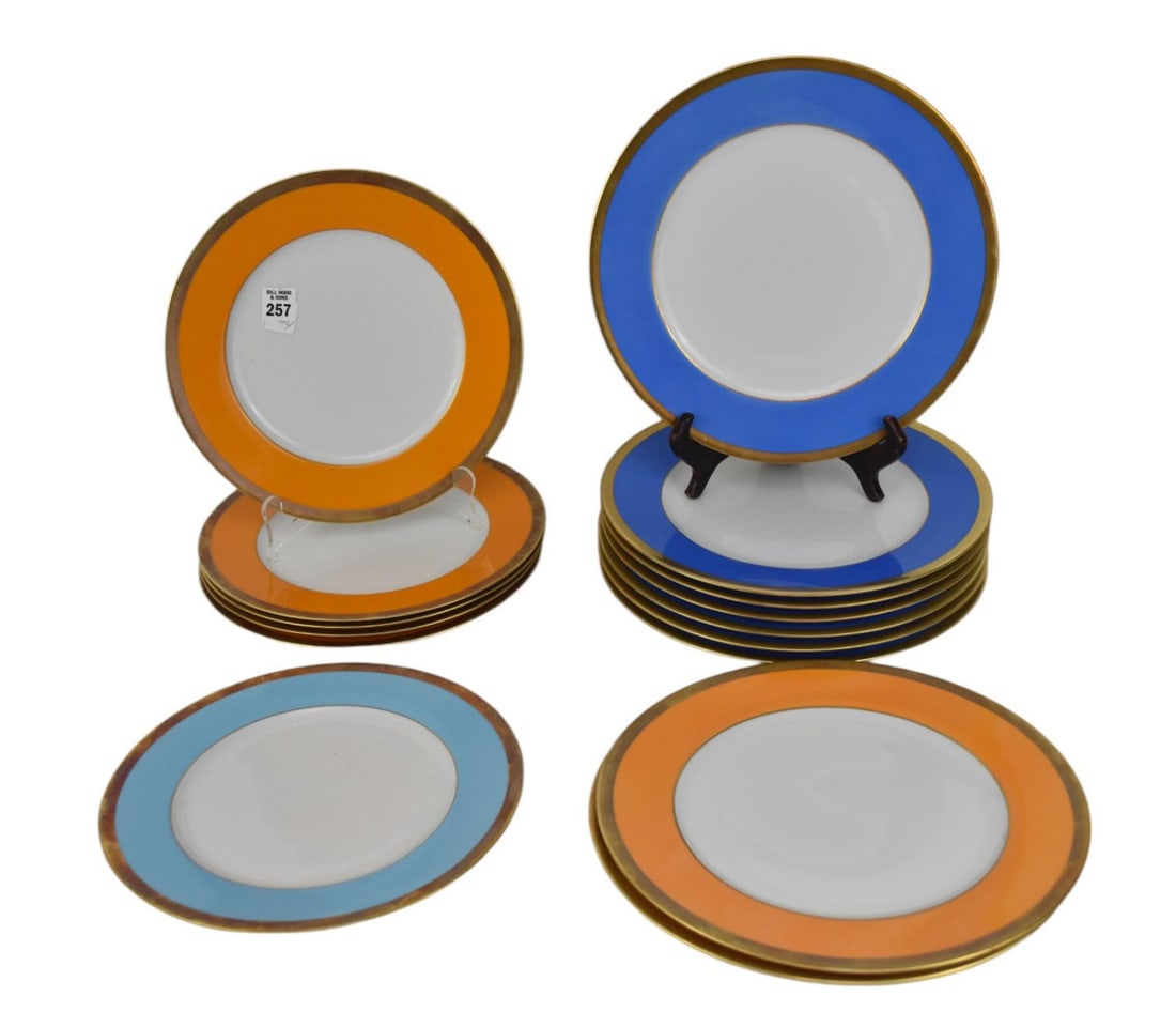 15 Limoges Dinner Plates, 9 Blue Border (12"dia) and 6 Burnt Orange (11"dia) (1 of 5)