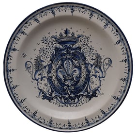 Continental Decorative Pottery Charger, Blue on White, Fleur De Lis Designs, 24"dia