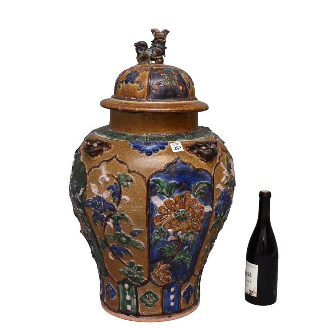 Large Chinese Urn with Lid & Foo Dog Finial, Raised Medallions Around on Brown Ground, 30"h (chip on (1 of 8)