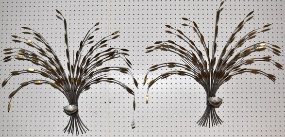 Pair Curtis Jere Sculptural Wheat Wall Sconces, 24"h x 26"w