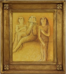 Jindra Husarikova (Czech, 1931 - 2016)  Oil on canvas, three figures, 14 x 12“ overall frame size