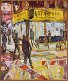 Kenneth McIndoe (American Born 1938) oil on canvas painting, T-Shirt Express, 28 x 25 inches