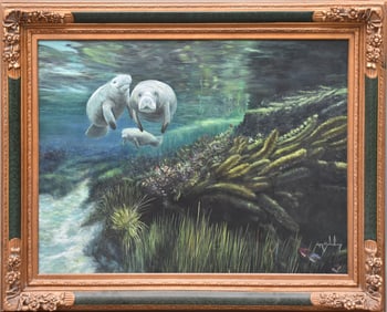 Ron Balaban (AMERICAN 20th Century) Florida Manatee painting, signed lower right 30" x 40" canvas,