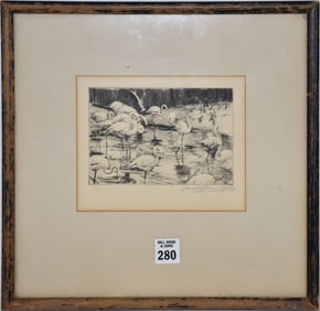 Arnold G. Mountfort (California 1873 - 1942) Flamingo's Etching, image approx. 4 x 6 inches, overall