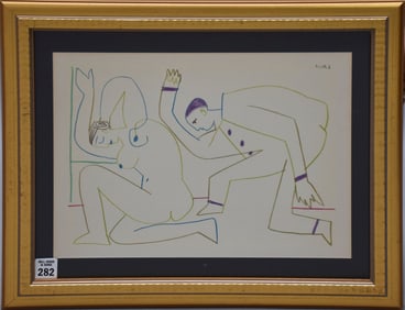 Picasso Offset Lithograph, Man and Woman, sight 10 1/2" x 14" overall 15 1/2" x 18 1/2"