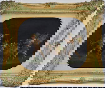 Painting Putti/Angels with goat, oil on board, 9 x 12 inches , frame damaged overall frame size 14