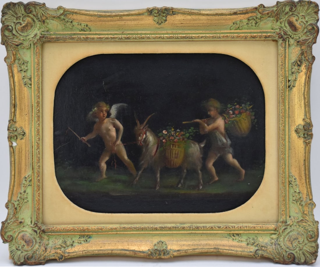 Painting Putti/Angels with goat, oil on board, 9 x 12 inches , frame damaged overall frame size 14 (1 of 4)