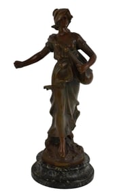 French bronze sculpture after Auguste Moreau (France: 1834 - 1917) depicting a female farmer titled