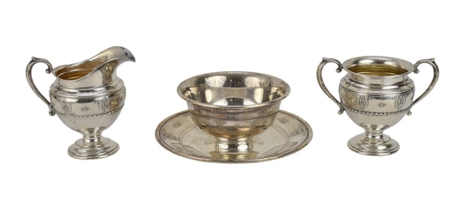 Wallace Sterling Silver "Rose-Point", Gravy Bowl, Creamer & Sugar Bowl - Wallace Sterling, Rose