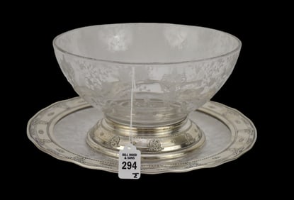 Wallace Sterling & Cambridge Glass "Rose-Point" Centerpiece Bowl & Serving Plate - Wallace Sterling