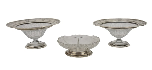 Two Wallace Sterling & Cambridge Glass "Rose-Point" Compotes & Divided Dish - Wallace Sterling