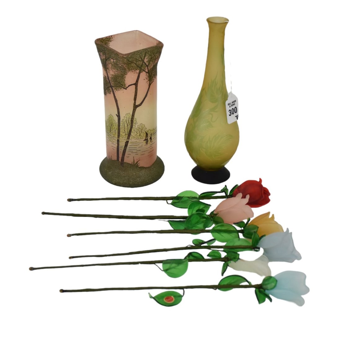 Two Antique French Art Glass Vases w/ Murano Roses - Group of French and Italian Art Glass. (1 of 12)