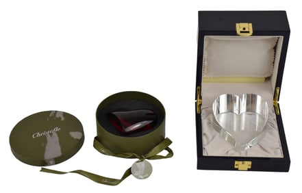 Faberge Crystal Heart Paperweight in Original Box (3 1/2" x 4") AND Christofle Crystal Red Heart