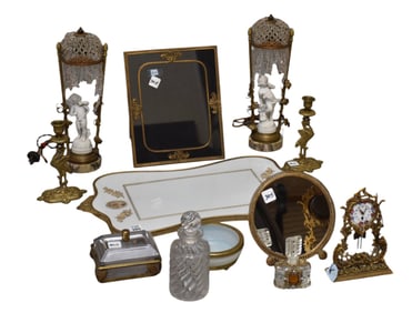 12 Pc. Vintage Dresser/Vanity Tray, Candlesticks, Perfumes, Picture Frame, Mirror, Box, Pin/Ring
