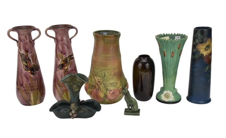 8pc. Vintage Pottery Lot, Weller Ardsley Vase (12"h), Weller (13 1/2"H), Hudson Vase, Weller (8