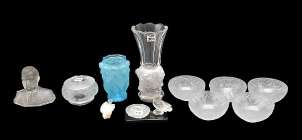11pc. Opalescent/Frost To Clear Sabino, Desna, Lalique, Unidentified Vases, Figures, Bowls, Dresser