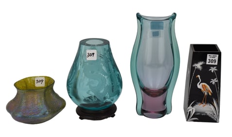 4pc. Vintage Art Glass Vase Lot, Black Square Enameled Bohemian Vase, Seguso Alex & Bite Color