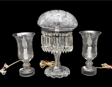 3pc. Lot of Vintage American Brilliant Period Cut & Faceted Crystal Mushroom Shade Table Lamp, 32