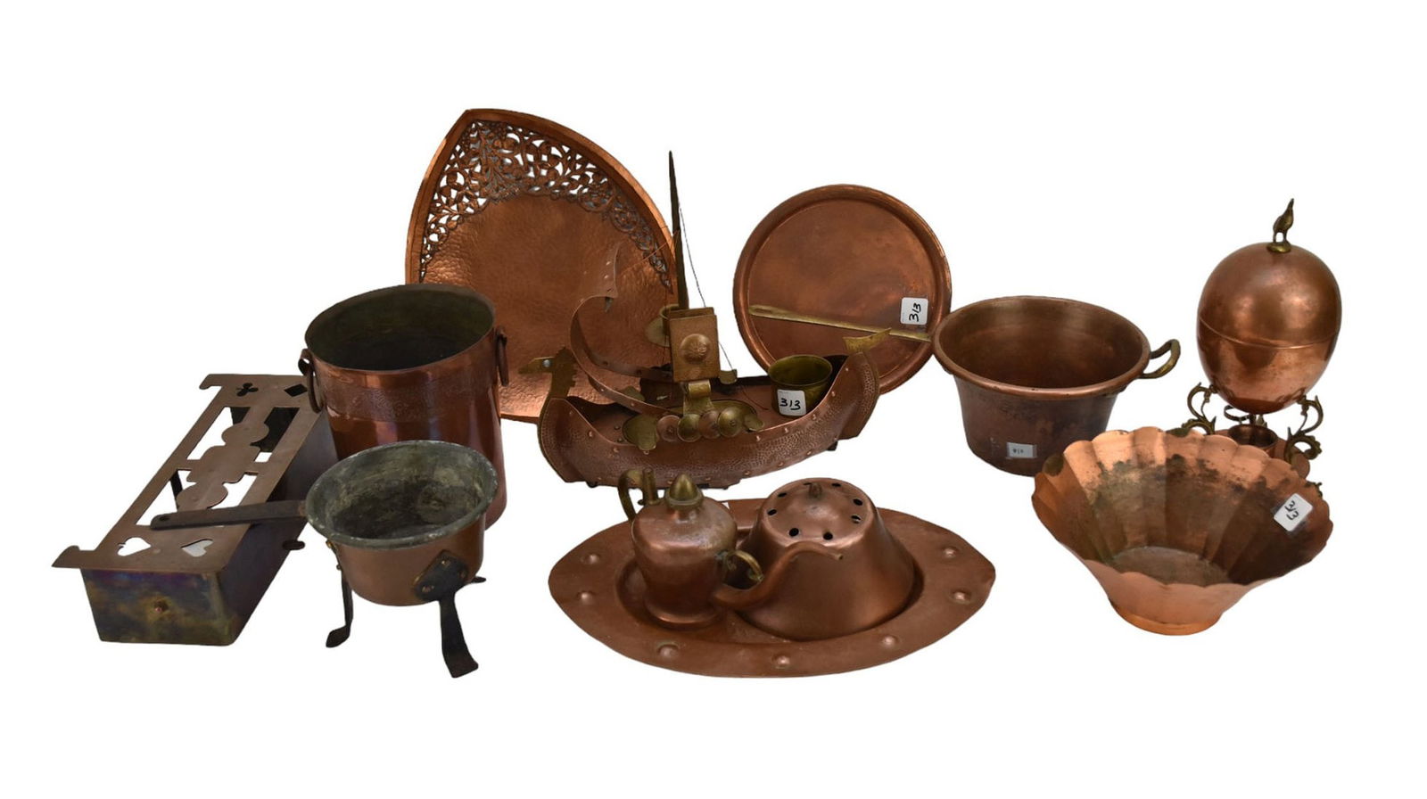 11pc. Vintage Copper  Lot, Handled Pots, Tray/Platters, Pail, Trivet, Egg Coddler, Hammerhead (1 of 4)