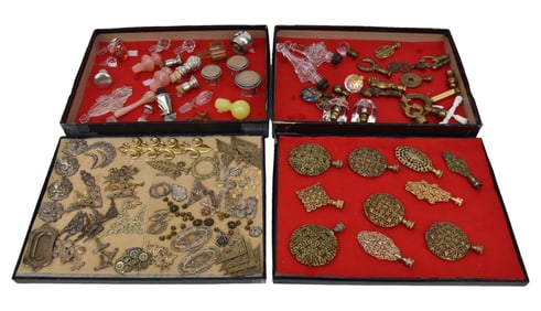 4 Box Lots Consisting of Lamp Finials, Lacy Brass, Large Cut Glass Pair, Brass, Glass Bottles,