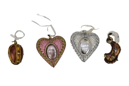 4 Jay Strongwater Christmas Ornaments - heart 2002, large heart 2004, monkey and egg which is as is.