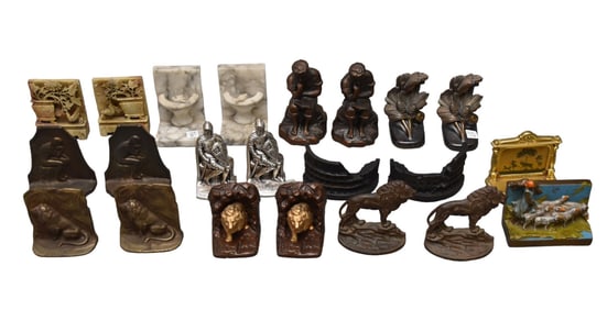 Lot Assorted Vintage Bookends, incl; Brass, Bronze & Marble, 2 Singles including Tarrant & Co. NY