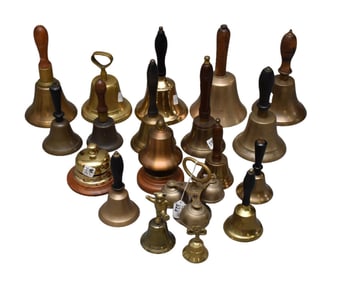 Collection of 19 Antique to Vintage Brass & Bronze School Bells